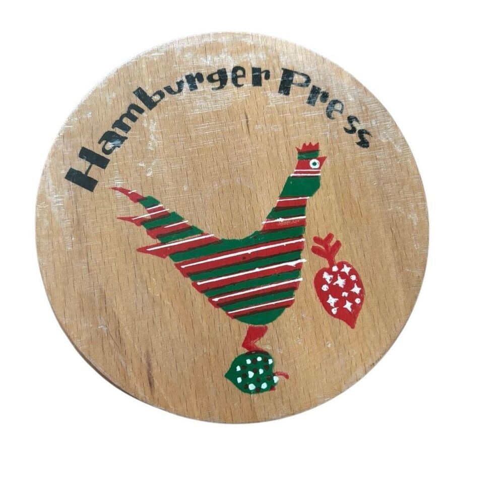 VTG Wooden Hamburger Press Hand Painted Rooster Hinged Patty Maker Mid Century⁠